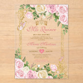 Zachte Blush Roze Verjaardag Gouden Kroon Mis Quin Acryl Uitnodigingen (Voorkant)