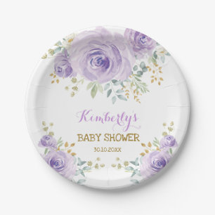 Zachte Boho Lavendel Gouden Bloemige Baby Shower Papieren Bordje
