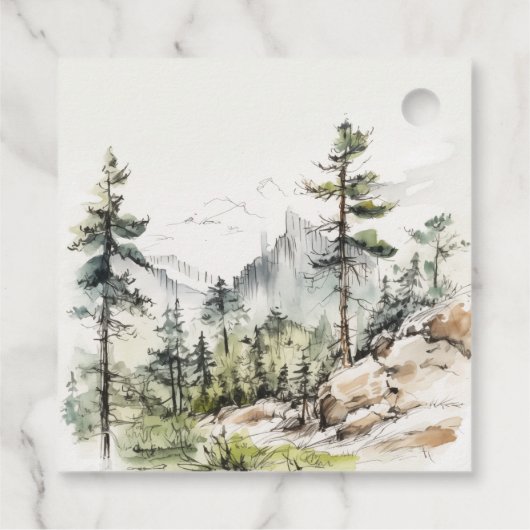 Zachte Bossen Berglandschap Schets Bruiloft Bedankjes Labels (Achterkant)