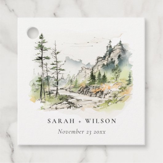 Zachte Bossen Berglandschap Schets Bruiloft Bedankjes Labels (Voorkant)