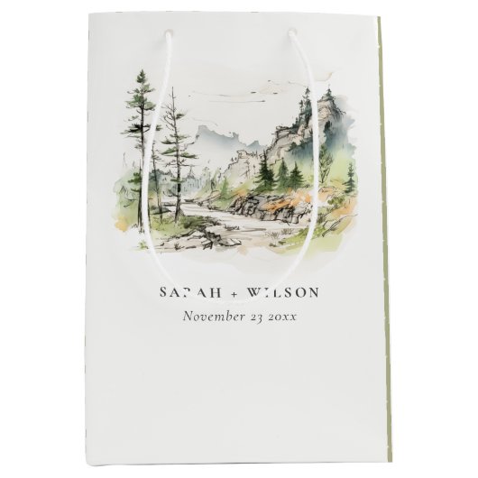 Zachte Bossen Berglandschap Schets Bruiloft Medium Cadeauzakje (Voorkant)