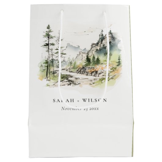 Zachte Bossen Berglandschap Schets Bruiloft Medium Cadeauzakje (Achterkant)