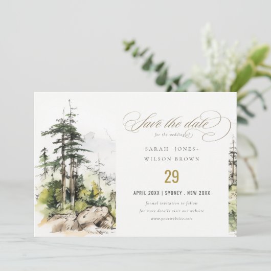 Zachte Bossen Berglandschap Schets Bruiloft Save The Date (Staand voorkant)