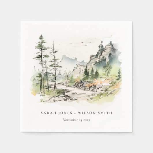 Zachte Bossen Berglandschap Schets Bruiloft Servet (Voorkant)