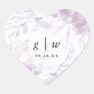 Zachte Botanische Bloemen Monogram en Datum Bruilo Hart Sticker