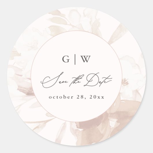 Zachte Botanische Bloemen Monogram en Datum Bruilo Ronde Sticker (Voorkant)