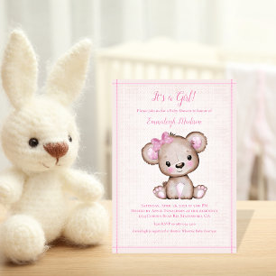 Zachte bruine beer voor meisje babyshower uitnodig kaart