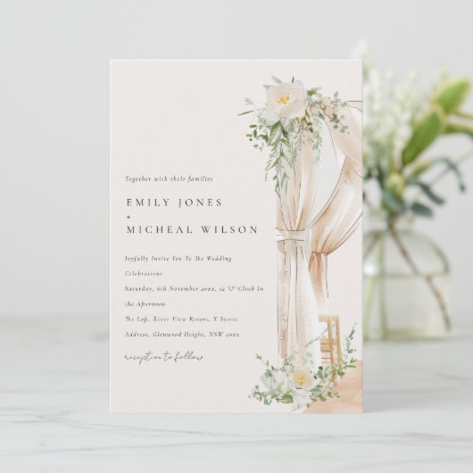 Zachte chique blush bloemenluifel botanische bruil kaart (Staand voorkant)