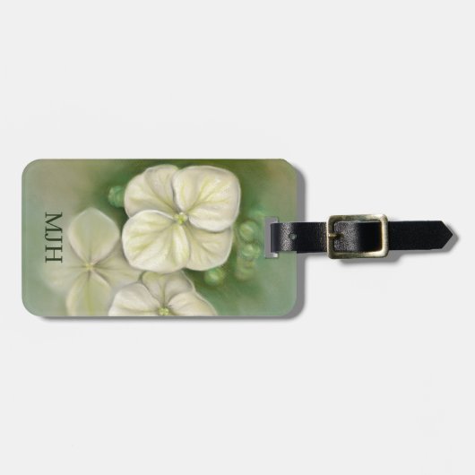 Zachte crème Witte pasta Hydrangea Floral Monogram Bagagelabel (Voorkant horizontaal)
