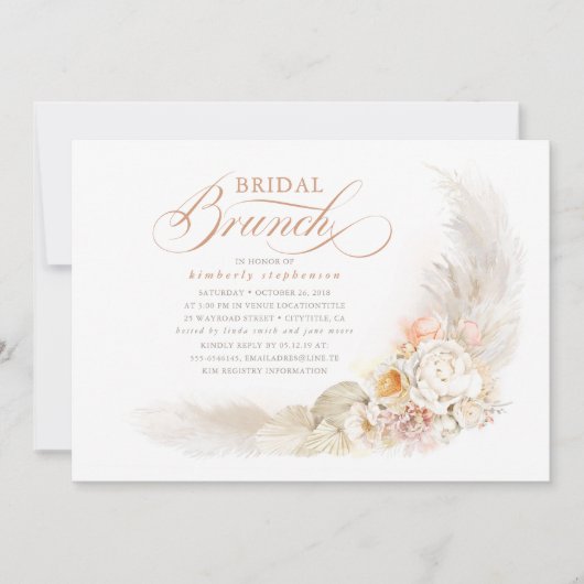 Zachte deegbloemen en Pampas Grass Bridal Brunch Kaart (Voorkant)