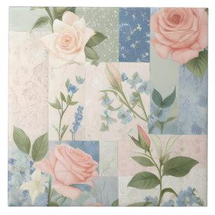 Zachte delicate bloemen roze en blauwe patchwork tegeltje