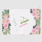 Zachte Elegante Roze Bloemen Custom Monogram Golfhanddoek (Horizontaal)