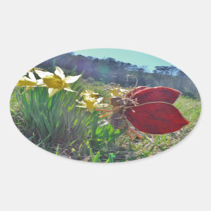 Zachte en gele bloemen ovale sticker