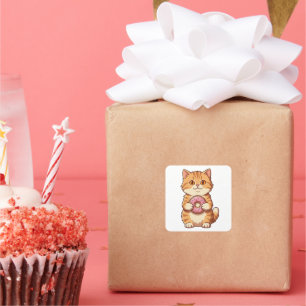 Zachte Fluffy Kat met Roze Donut Cartoon Vierkante Sticker