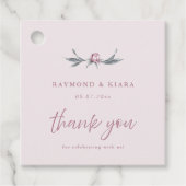 Zachte gedempte stoffige roze pioen bruiloft bedankjes labels (Voorkant)