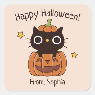Zachte Gelukkige Halloween Zwarte Kat In Pompoen S Vierkante Sticker