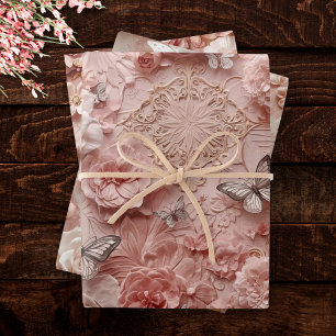 Zachte Gouden Barok Blush Bloem Vlinder Collage Inpakpapier Vel