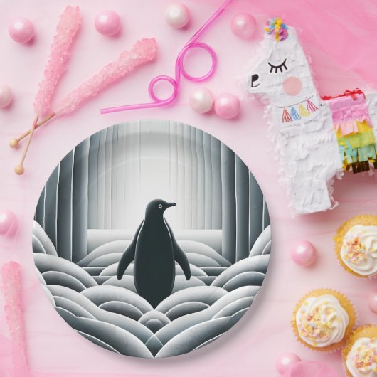 Zachte Grijze Pinguïn Booggolven in Art Deco Papieren Bordje (Feest)