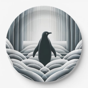 Zachte Grijze Pinguïn Booggolven in Art Deco Papieren Bordje