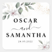 Zachte Groene Aquarel Blad & Bloem | Goud Vierkante Sticker (Voorkant)