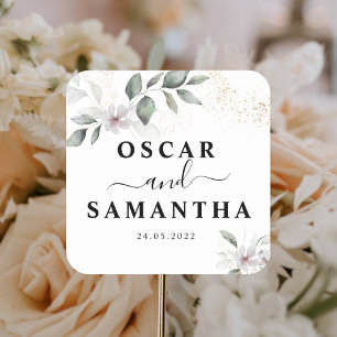 Zachte Groene Aquarel Blad & Bloem   Goud Vierkante Sticker