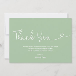 Zachte groene babyshower script Hart neutraal Bedankkaart