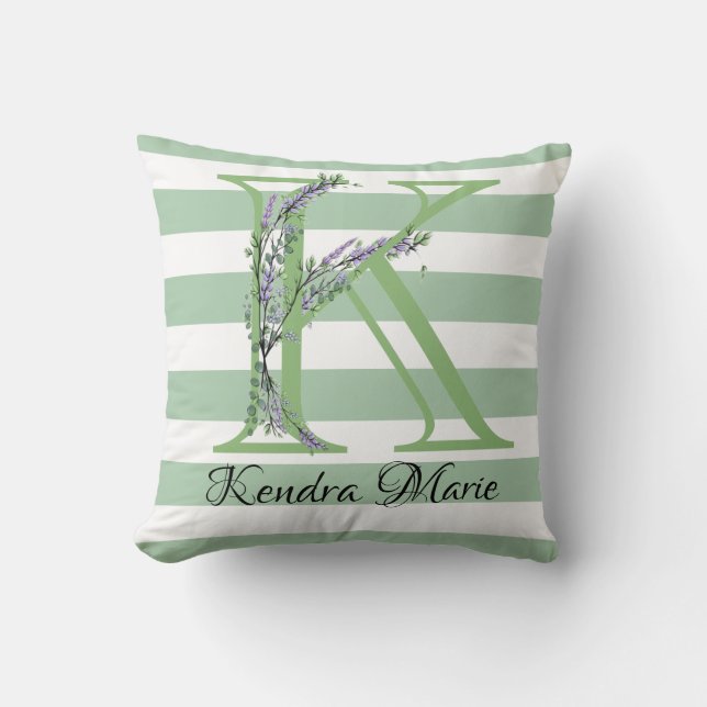 Zachte groene stroken monogram lavendel gebladerte kussen (Voorkant)