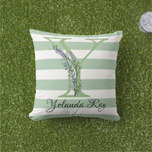 Zachte groene stroken monogram lavendel groen gooi buitenkussen