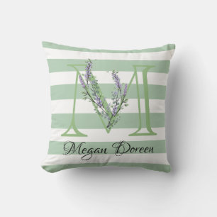 Zachte groene stroken monogram lavendelgroen buitenkussen