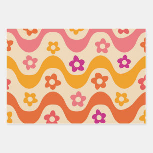 Zachte groovy bloemenpatroon op retro golven inpakpapier vel