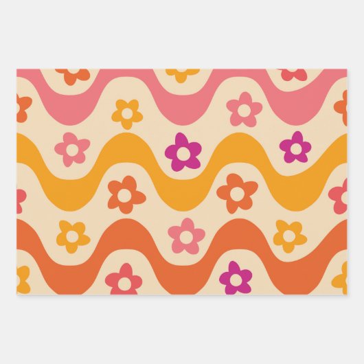 Zachte groovy bloemenpatroon op retro golven inpakpapier vel (Voorkant 2)