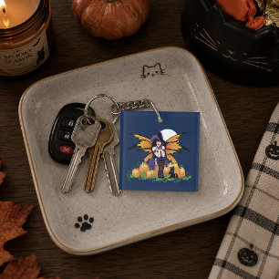 Zachte Halloween Fee Pompoenveld Zwarte Kat Sleutelhanger