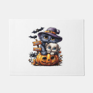 Zachte Halloween kat sticker � Heksenhoed, Pompoen Deurmat