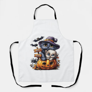 Zachte Halloween kat sticker � Heksenhoed, Pompoen Schort