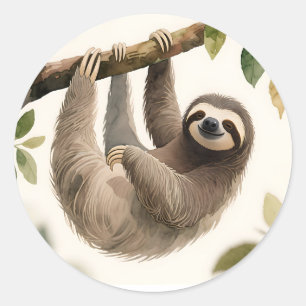 Zachte Hangende Luiaard Aquarel Ontspannen Glimlac Ronde Sticker