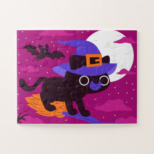 Zachte Heks Kat Vliegend op Bezem Halloween Kawaii Legpuzzel