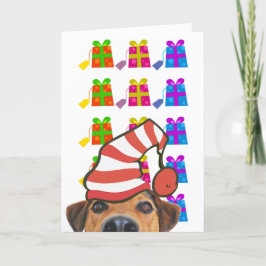 Zachte hond met kerstmuts en cadeaus Kerstkaart Feestdagen Kaart