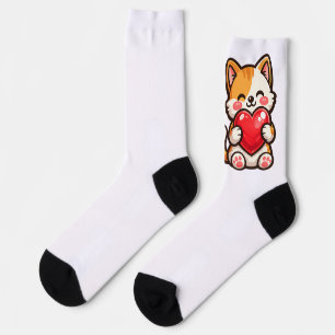 Zachte Kat Hart – Kawaii Kat Knuffelt Rode Hart, K Sokken