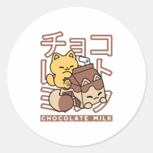 Zachte Kat op Chocolademelk Karton Kawaii Kunst Ronde Sticker