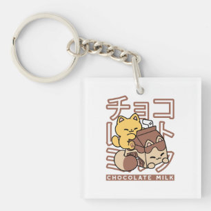 Zachte Kat op Chocolademelk Karton Kawaii Kunst Sleutelhanger