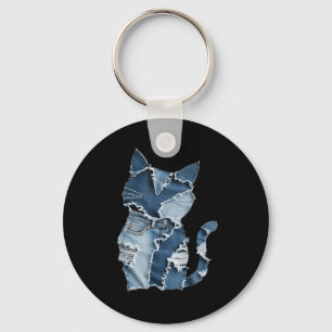 Zachte Kat Patroon Denim Patchwork Grappige Kat Li Sleutelhanger