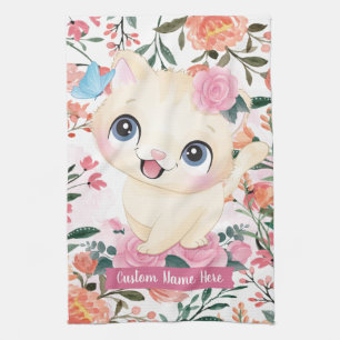 Zachte Kat Roze Rozen Blos Bloemen Aangepaste Naam Theedoek