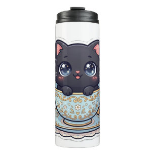 Zachte Kawaii Zwarte Kat Vintage Theekop Reismok Thermosbeker