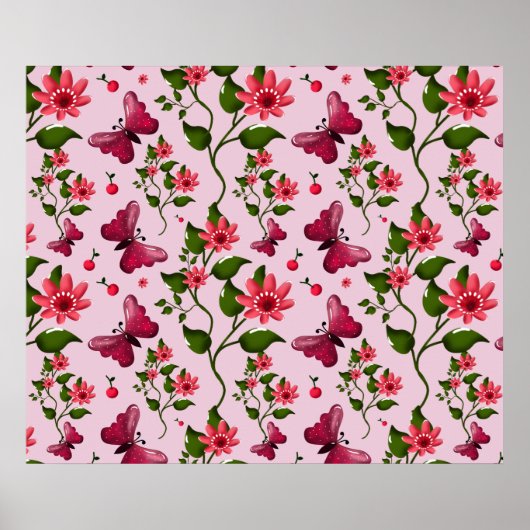 Zachte Kersen Vlinder Patroon, Glanzend Kawaii Fru Poster (Voorkant)