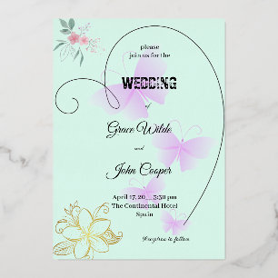 Zachte kleur met bloemen- en vlinderontwerp folie uitnodiging