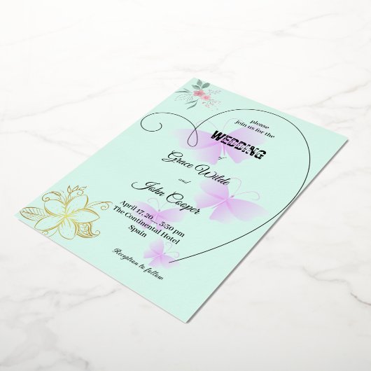 Zachte kleur met bloemen- en vlinderontwerp folie uitnodiging (Gedraaid)