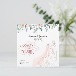 Zachte kleuren, Floral Bride en Groom Illustratie Save The Date