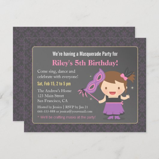Zachte Meisje Masquerade Verjaardagsfeest Uitnodig Kaart (Voorkant / Achterkant)