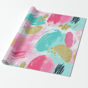 Zachte Mint Roze Lente Gouden Abstracte Penseelstr Cadeaupapier