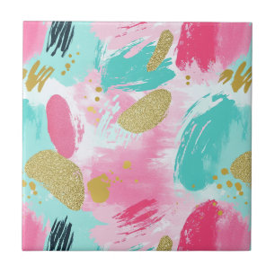 Zachte Mint Roze Lente Gouden Abstracte Penseelstr Tegeltje